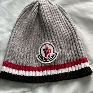 Moncler Gray Beanie with Red and Black Accents